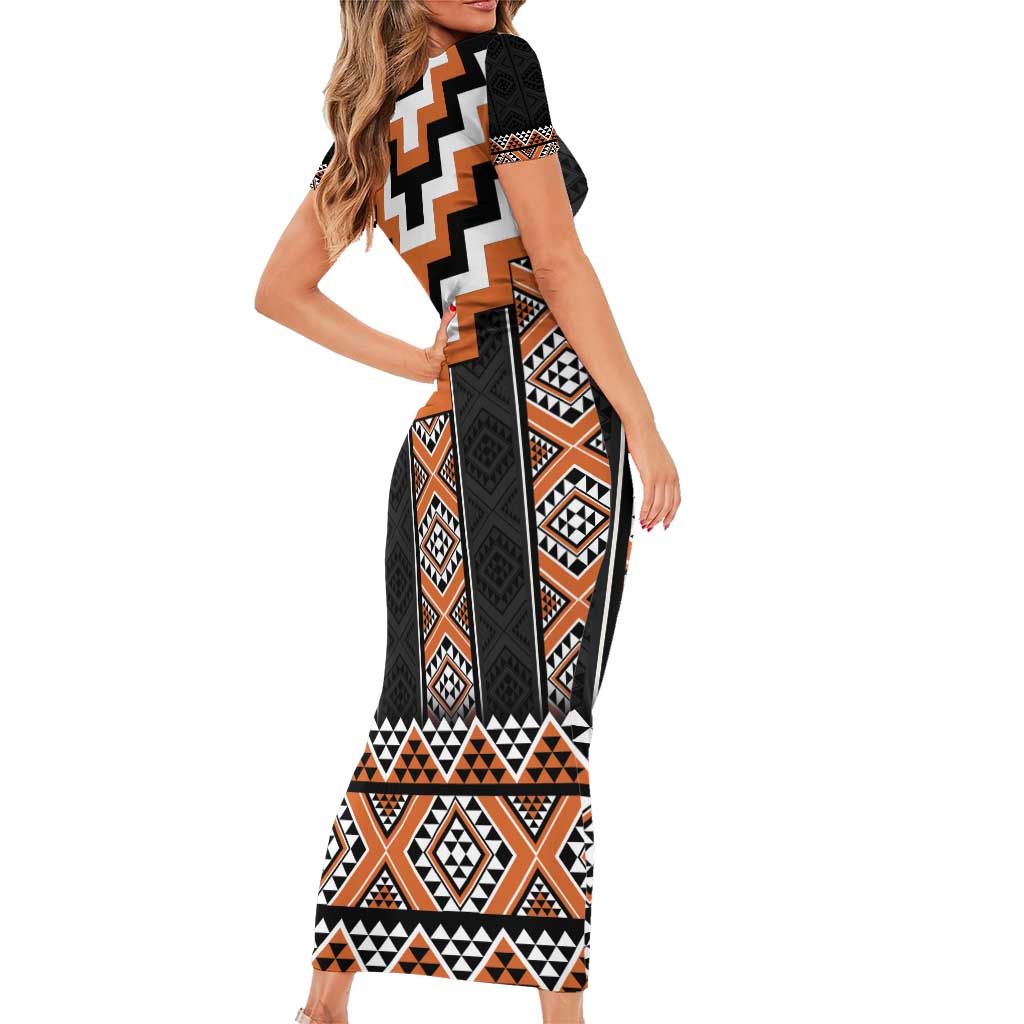Orange Taniko Pattern Aotearoa Short Sleeve Bodycon Dress Niho Taniwha Mix Poutama LT14 - Polynesian Pride