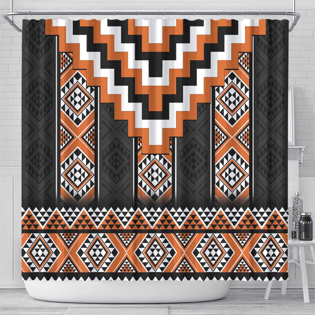 Orange Taniko Pattern Aotearoa Shower Curtain Niho Taniwha Mix Poutama LT14 - Polynesian Pride