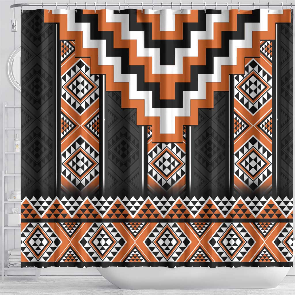 Orange Taniko Pattern Aotearoa Shower Curtain Niho Taniwha Mix Poutama LT14 - Polynesian Pride