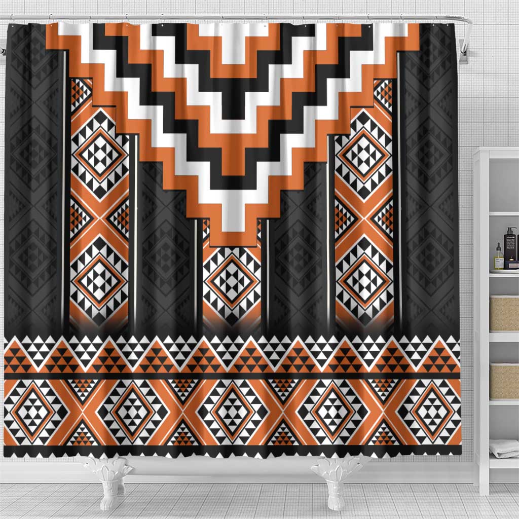 Orange Taniko Pattern Aotearoa Shower Curtain Niho Taniwha Mix Poutama LT14 - Polynesian Pride