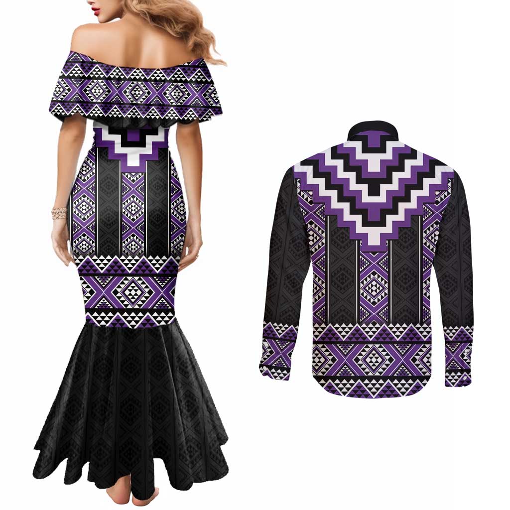 Purple Taniko Pattern Aotearoa Couples Matching Mermaid Dress and Long Sleeve Button Shirt Niho Taniwha Mix Poutama LT14 - Polynesian Pride