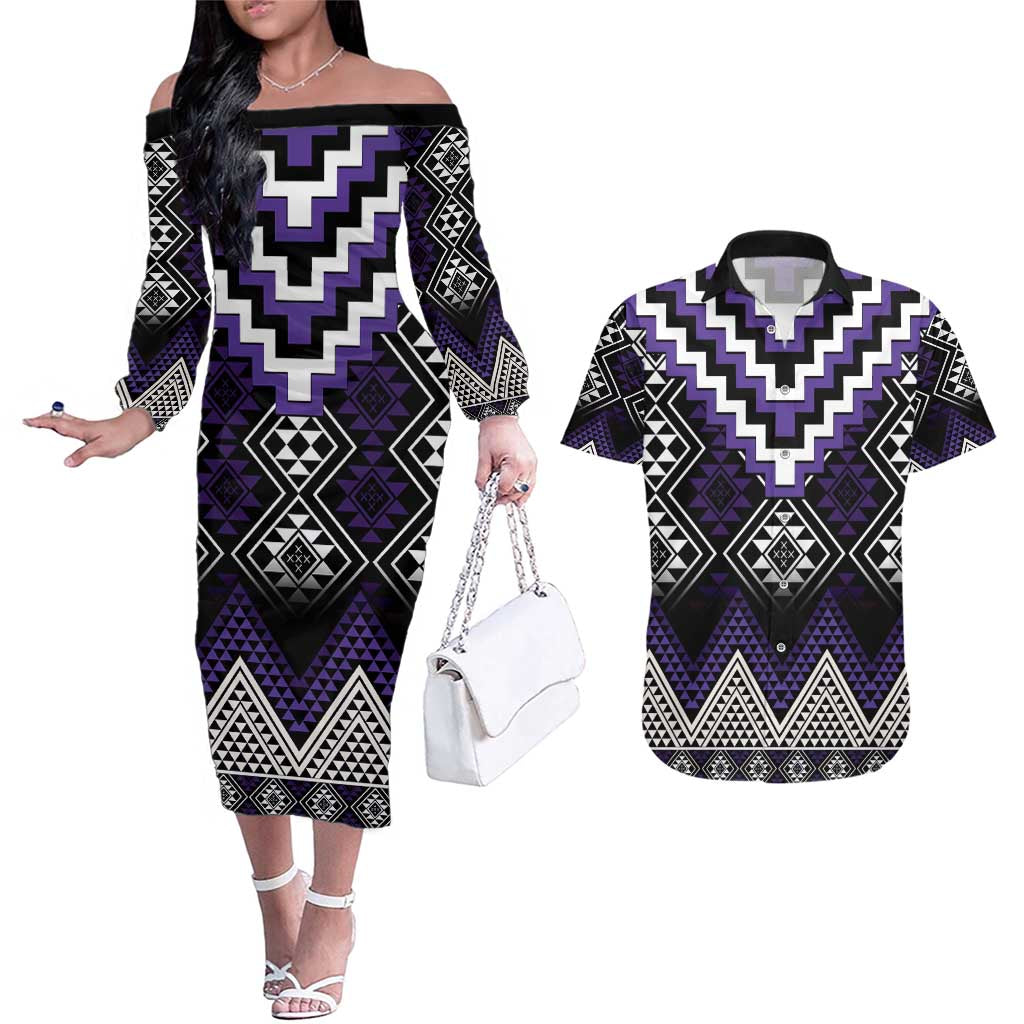 Purple Taniko Pattern Aotearoa Couples Matching Off The Shoulder Long Sleeve Dress and Hawaiian Shirt Niho Taniwha Mix Poutama