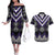 Purple Taniko Pattern Aotearoa Couples Matching Off The Shoulder Long Sleeve Dress and Hawaiian Shirt Niho Taniwha Mix Poutama