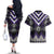 Purple Taniko Pattern Aotearoa Couples Matching Off The Shoulder Long Sleeve Dress and Hawaiian Shirt Niho Taniwha Mix Poutama