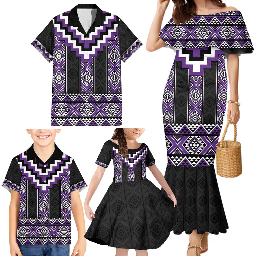 Purple Taniko Pattern Aotearoa Family Matching Mermaid Dress and Hawaiian Shirt Niho Taniwha Mix Poutama LT14