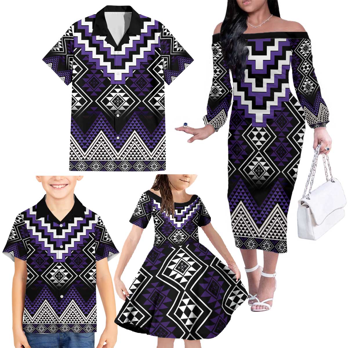 Purple Taniko Pattern Aotearoa Family Matching Off The Shoulder Long Sleeve Dress and Hawaiian Shirt Niho Taniwha Mix Poutama