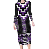 Purple Taniko Pattern Aotearoa Long Sleeve Bodycon Dress Niho Taniwha Mix Poutama LT14 Long Dress Purple - Polynesian Pride