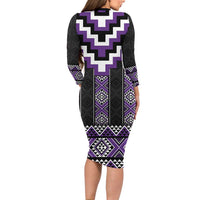 Purple Taniko Pattern Aotearoa Long Sleeve Bodycon Dress Niho Taniwha Mix Poutama LT14 - Polynesian Pride