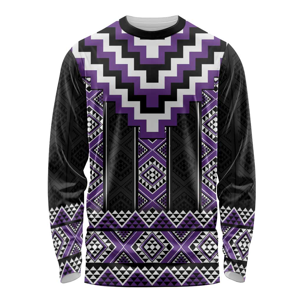 Purple Taniko Pattern Aotearoa Long Sleeve Shirt Niho Taniwha Mix Poutama LT14 Unisex Purple - Polynesian Pride