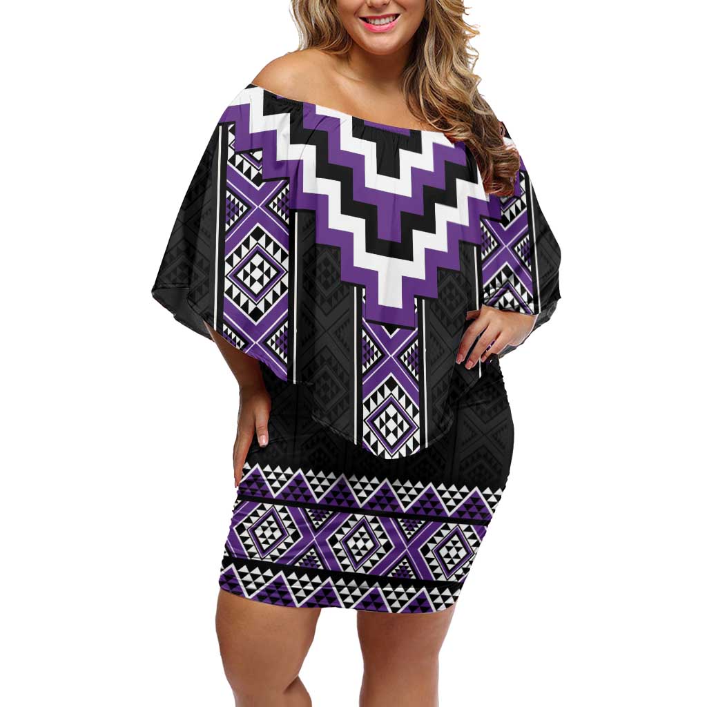 Purple Taniko Pattern Aotearoa Off Shoulder Short Dress Niho Taniwha Mix Poutama LT14 Women Purple - Polynesian Pride