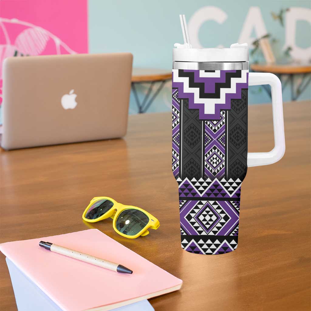Purple Taniko Pattern Aotearoa Tumbler With Handle Niho Taniwha Mix Poutama LT14 - Polynesian Pride