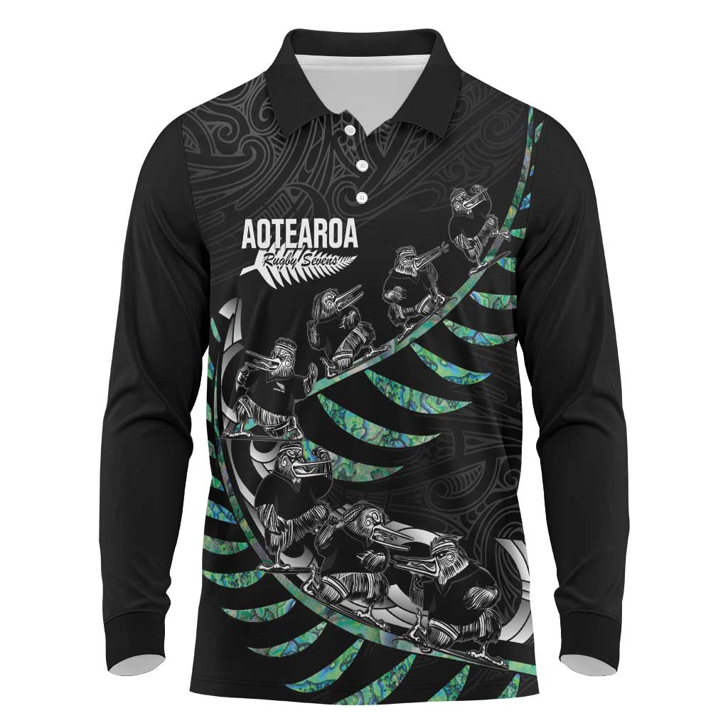 Custom New Zealand Silver Fern Rugby Long Sleeve Polo Shirt Aotearoa Kiwi Maori Pattern LT14 Black - Polynesian Pride