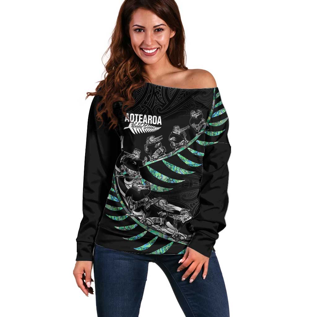 Custom New Zealand Silver Fern Rugby Off Shoulder Sweater Aotearoa Kiwi Maori Pattern LT14 Women Black - Polynesian Pride