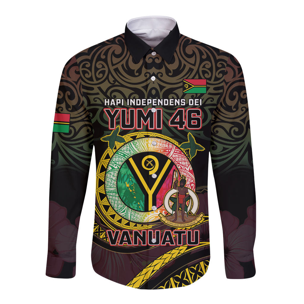 Personalised Vanuatu Long Sleeve Button Shirt Yumi 46th Hapi Independens Dei - Black Version LT14 Unisex Black - Polynesian Pride