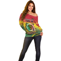 Personalised Vanuatu Off Shoulder Sweater Yumi 46th Hapi Independens Dei - Reggae Version LT14 - Polynesian Pride