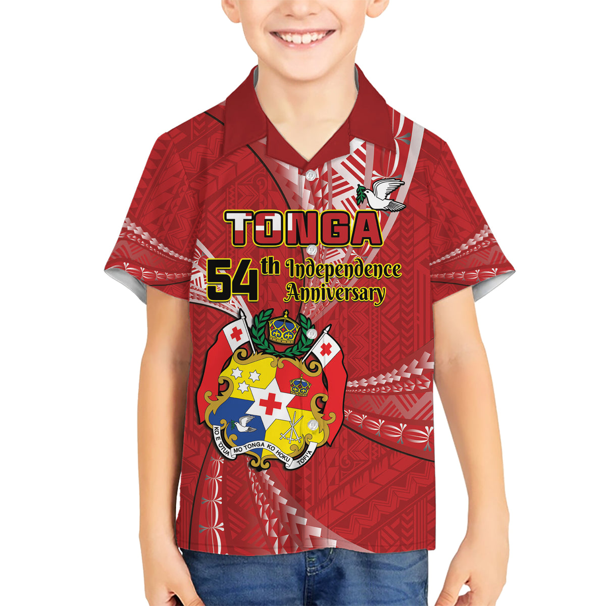 Personalised Tonga Independence Day Kid Hawaiian Shirt Happy 54th Independence Anniversary Ngatu Pattern LT14 Kid Red - Polynesian Pride