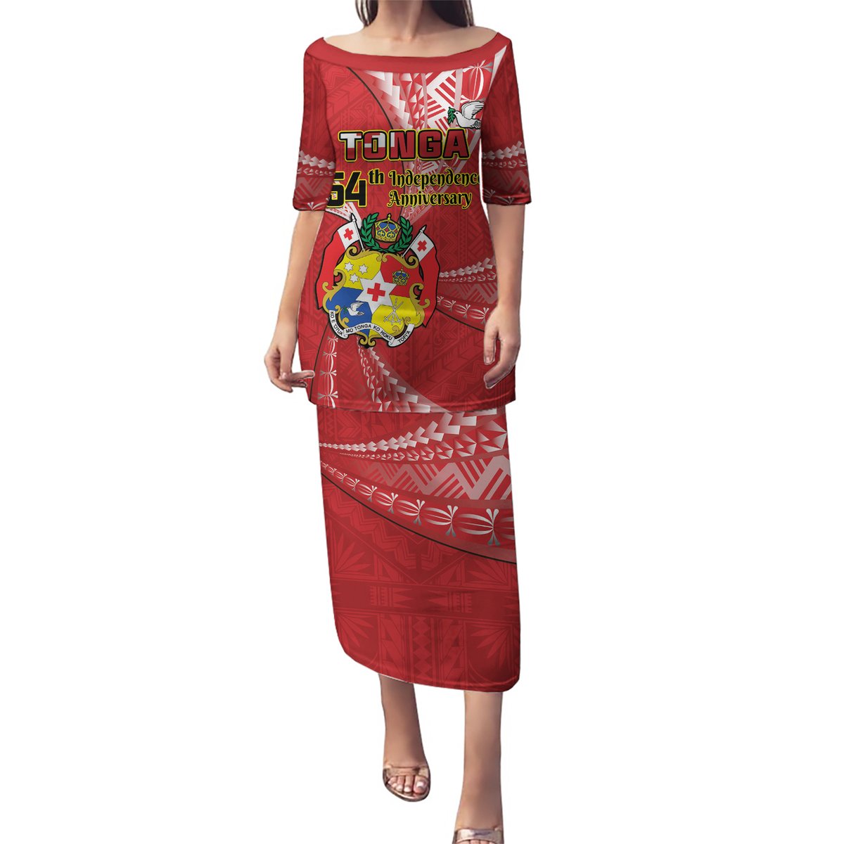 Personalised Tonga Independence Day Puletasi Happy 54th Independence Anniversary Ngatu Pattern LT14 Long Dress Red - Polynesian Pride