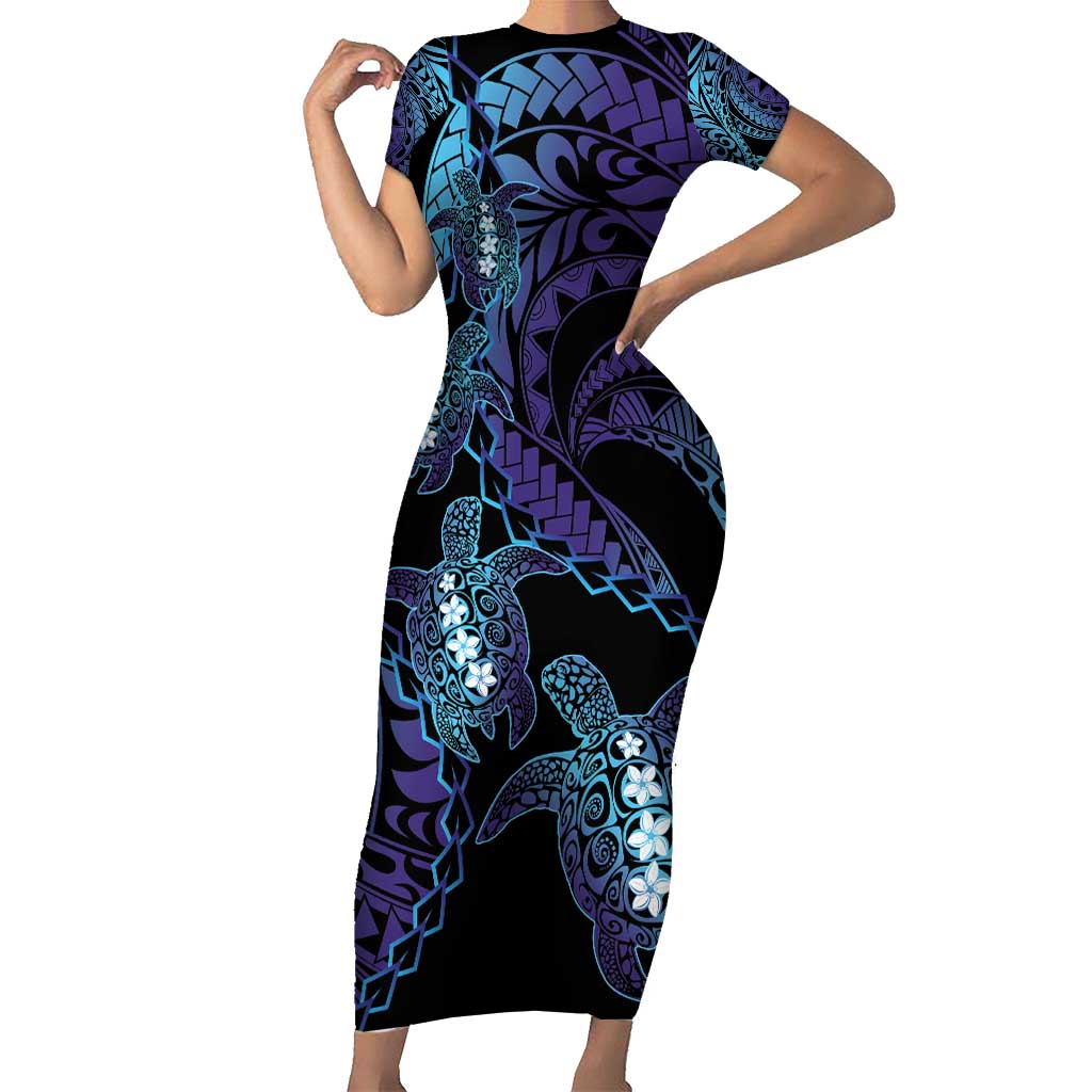 Polynesia Sea Turtle Day Short Sleeve Bodycon Dress Tribal Honu Plumeria Polynesian Pattern LT14 Long Dress Purple - Polynesian Pride