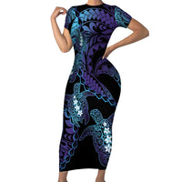 Polynesia Sea Turtle Day Short Sleeve Bodycon Dress Tribal Honu Plumeria Polynesian Pattern LT14 Long Dress Purple - Polynesian Pride