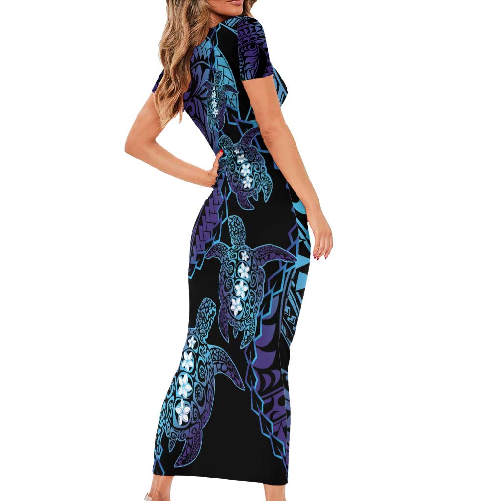 Polynesia Sea Turtle Day Short Sleeve Bodycon Dress Tribal Honu Plumeria Polynesian Pattern LT14 - Polynesian Pride
