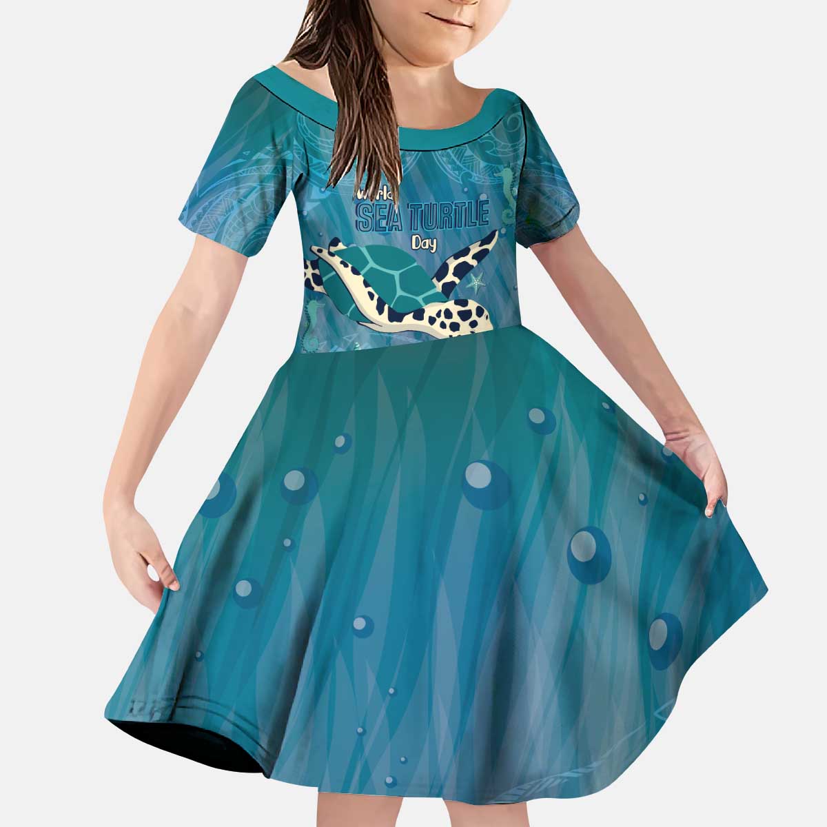 World Sea Turtle Day Polynesia Kid Short Sleeve Dress Go With The Flow LT14 KID Cyan - Polynesian Pride