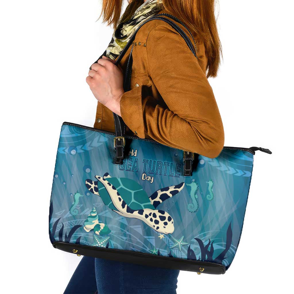 World Sea Turtle Day Polynesia Leather Tote Bag Go With The Flow LT14 Cyan - Polynesian Pride