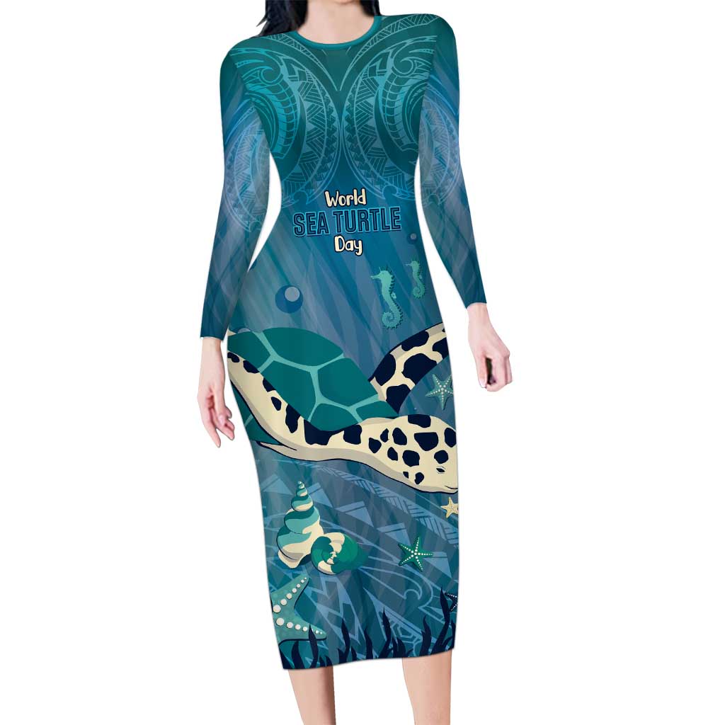 World Sea Turtle Day Polynesia Long Sleeve Bodycon Dress Go With The Flow LT14 Long Dress Cyan - Polynesian Pride
