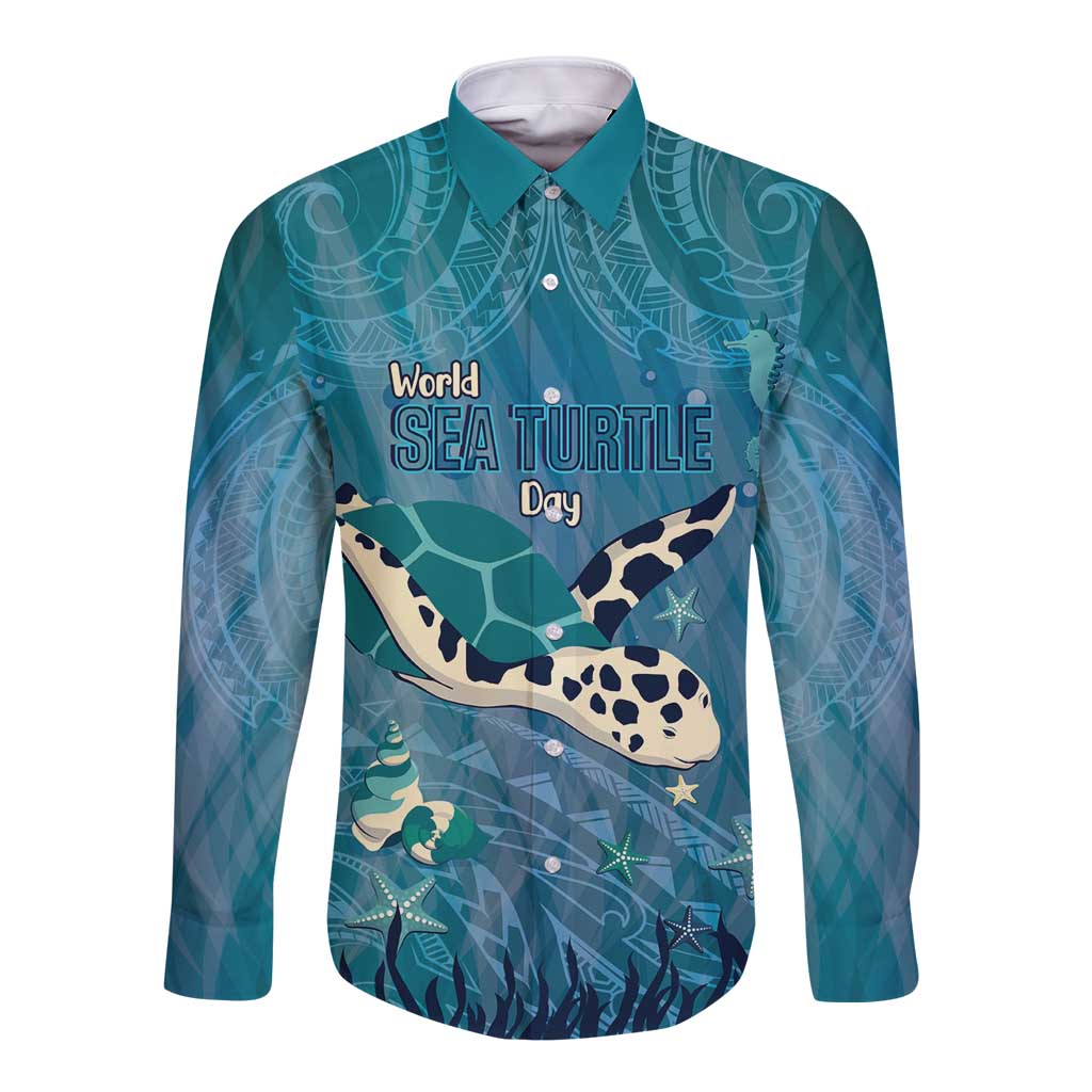 World Sea Turtle Day Polynesia Long Sleeve Button Shirt Go With The Flow LT14 Unisex Cyan - Polynesian Pride