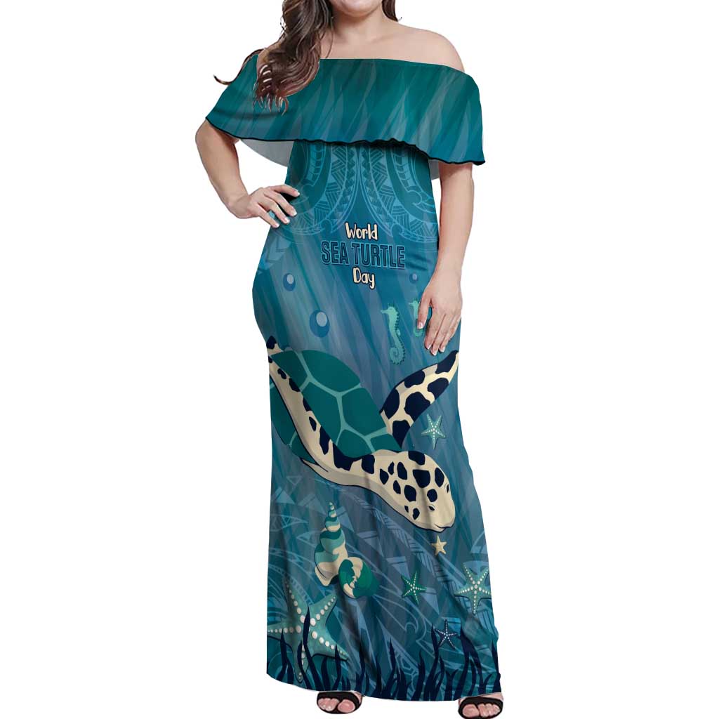 World Sea Turtle Day Polynesia Off Shoulder Maxi Dress Go With The Flow LT14 Women Cyan - Polynesian Pride