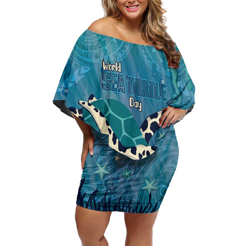World Sea Turtle Day Polynesia Off Shoulder Short Dress Go With The Flow LT14 Women Cyan - Polynesian Pride