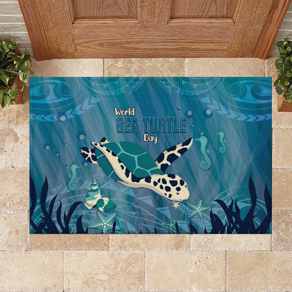 World Sea Turtle Day Polynesia Rubber Doormat Go With The Flow LT14 Cyan - Polynesian Pride