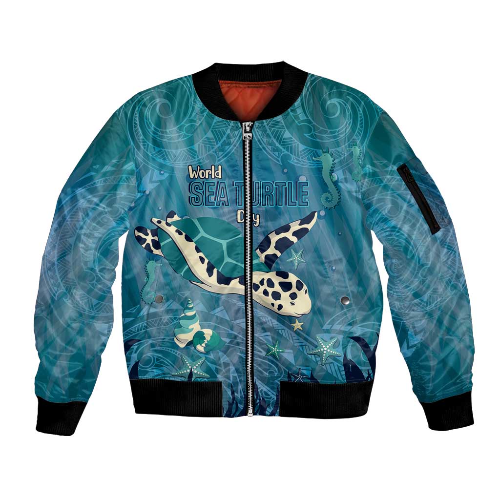 World Sea Turtle Day Polynesia Sleeve Zip Bomber Jacket Go With The Flow LT14 Unisex Cyan - Polynesian Pride