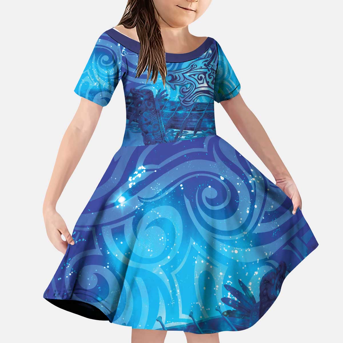 Kuri New Zealand Matariki Kid Short Sleeve Dress Aotearoa Dog Waka Maori New Year Galaxy Vibes LT14 KID Blue - Polynesian Pride