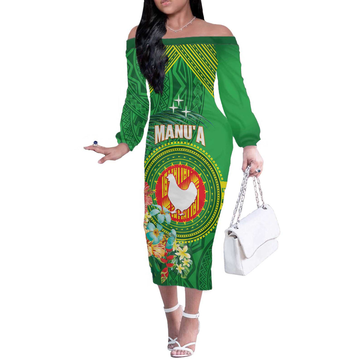 Personalized Manu'a Cession Day Off The Shoulder Long Sleeve Dress Tropical Flowers With Polynesian Pattern LT14 Women Green - Polynesian Pride