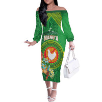 Personalized Manu'a Cession Day Off The Shoulder Long Sleeve Dress Tropical Flowers With Polynesian Pattern LT14 Women Green - Polynesian Pride