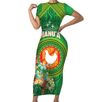 Personalized Manu'a Cession Day Short Sleeve Bodycon Dress Tropical Flowers With Polynesian Pattern LT14 Long Dress Green - Polynesian Pride