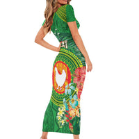 Personalized Manu'a Cession Day Short Sleeve Bodycon Dress Tropical Flowers With Polynesian Pattern LT14 - Polynesian Pride