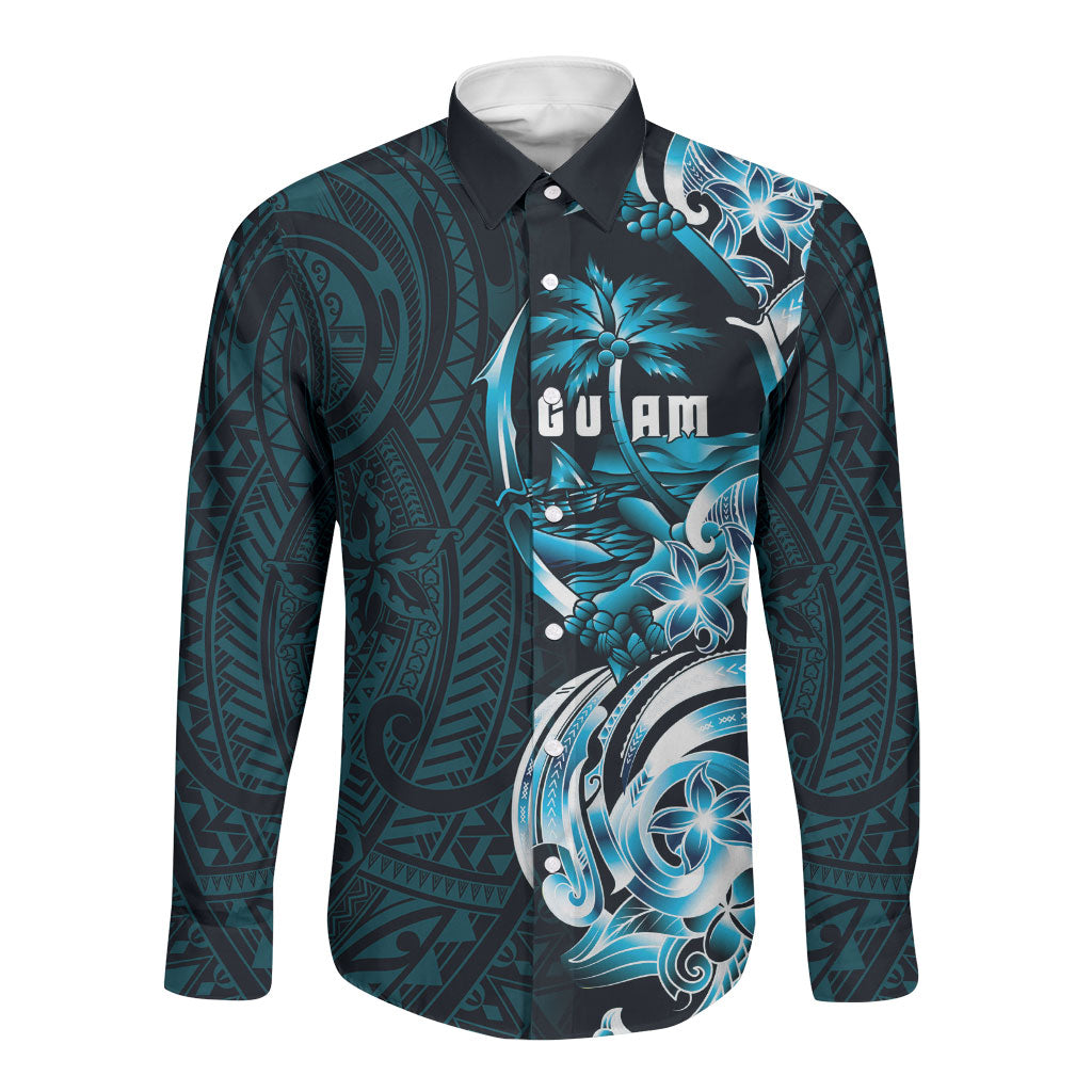 Asut Guam Chamorro Long Sleeve Button Shirt Guahan Seal Tattoo LT14 Unisex Blue - Polynesian Pride