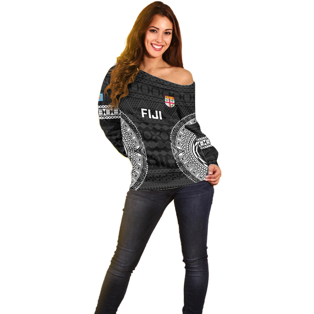 Fiji Rugby Off Shoulder Sweater 2023 Fijian Tapa Pattern World Cup Black LT14 - Polynesian Pride