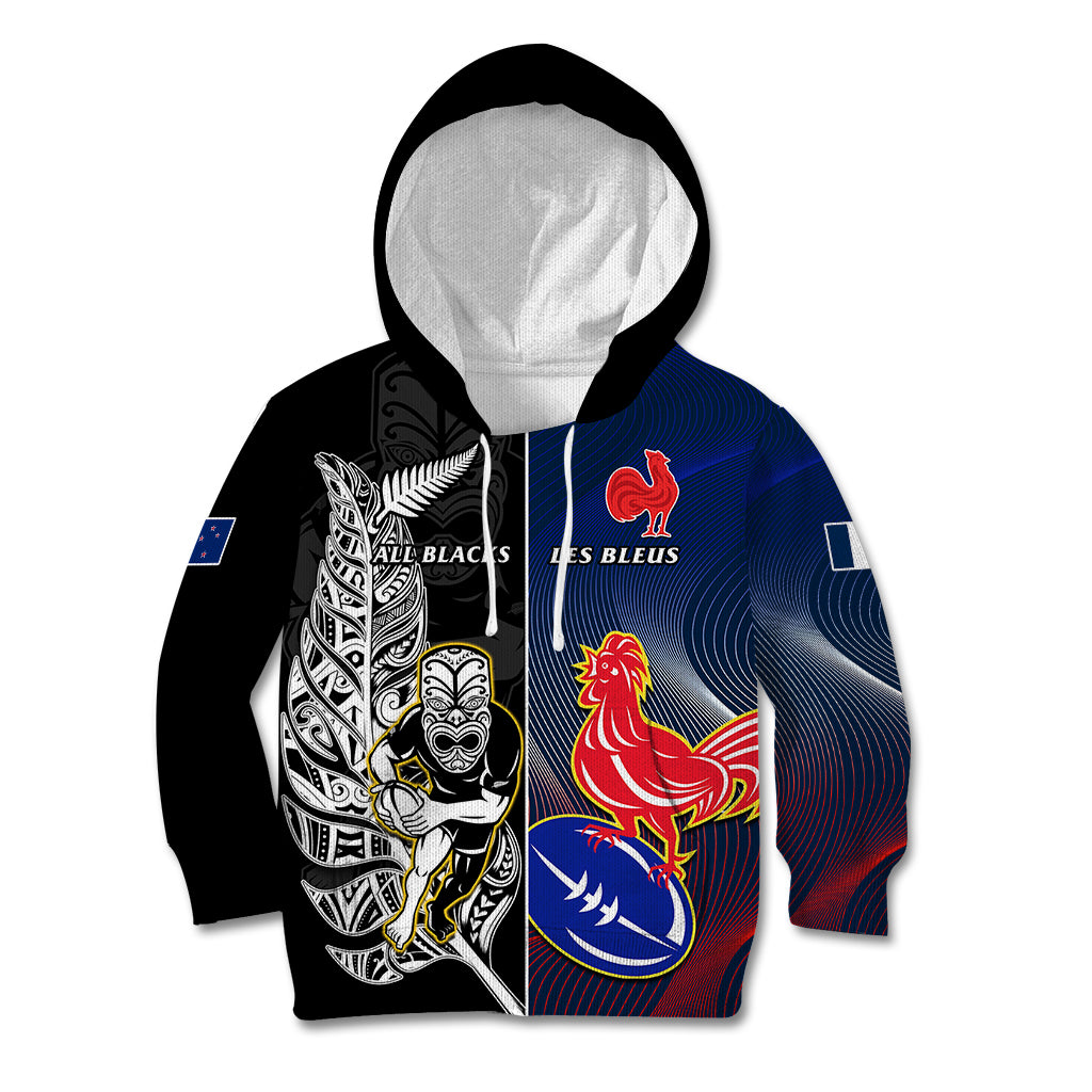 New Zealand And France Rugby Kid Hoodie All Black With Les Bleus Together 2023 World Cup LT14 Hoodie Black - Polynesian Pride