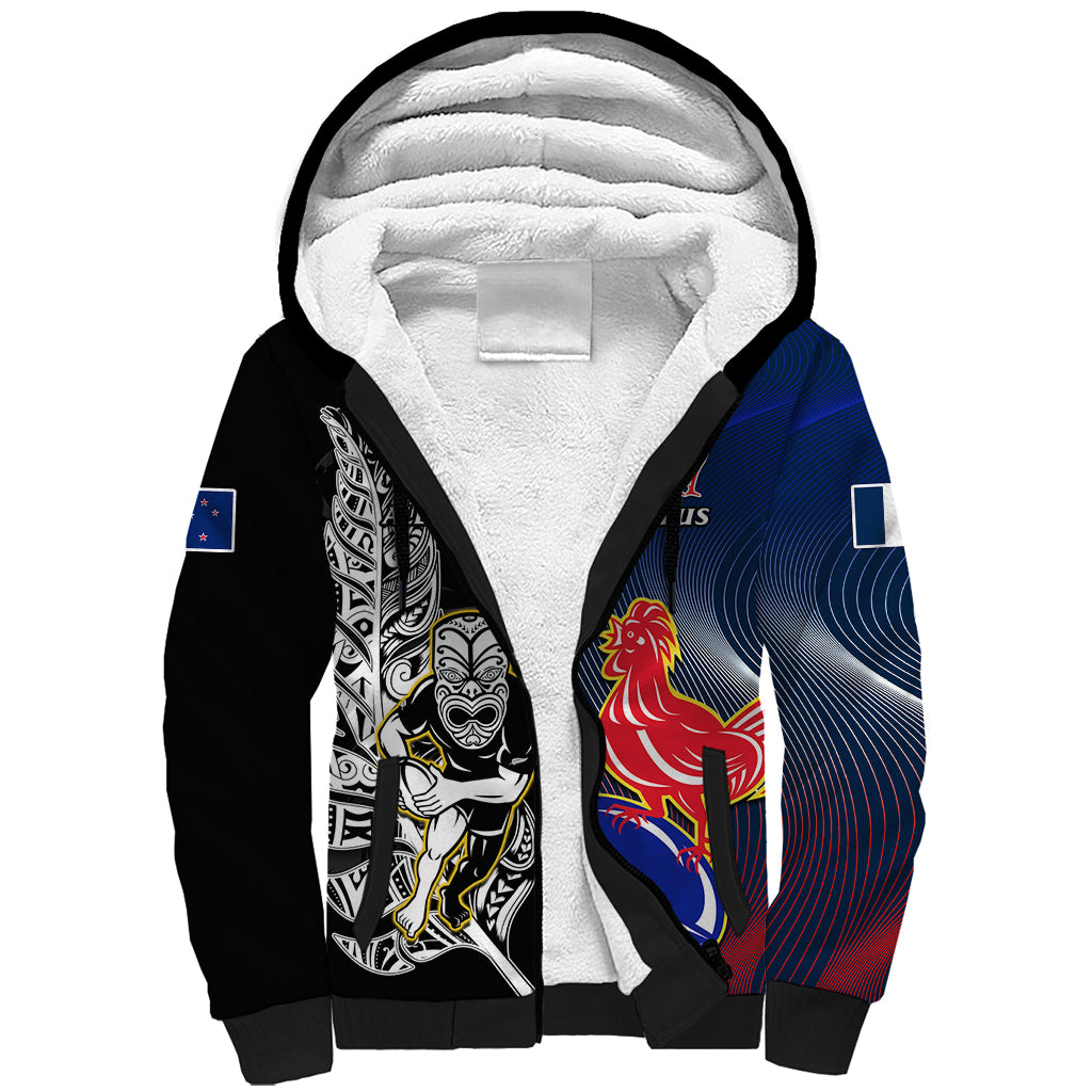 New Zealand And France Rugby Sherpa Hoodie All Black With Les Bleus Together 2023 World Cup LT14 Unisex Black - Polynesian Pride