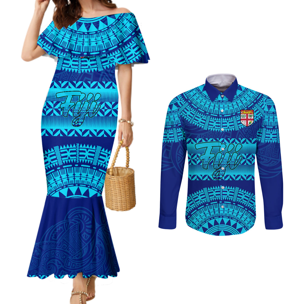 Personalised Fiji Couples Matching Mermaid Dress and Long Sleeve Button Shirts Unique Fijian Tapa Pattern With Coat Of Arms LT14 Blue - Polynesian Pride