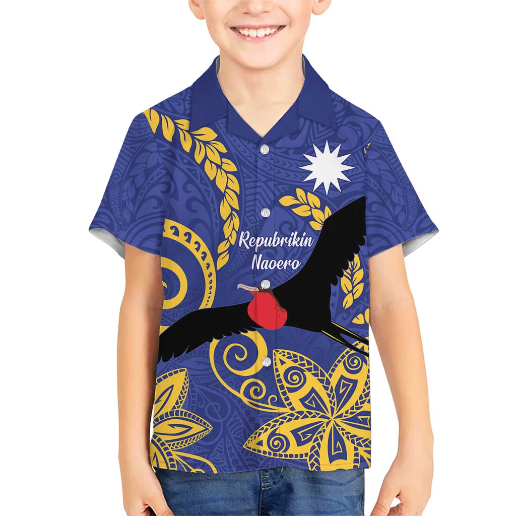 Nauru Angam Day Kid Hawaiian Shirt Naoero Frigate Bird Polynesian Pattern LT14 Kid Blue - Polynesian Pride
