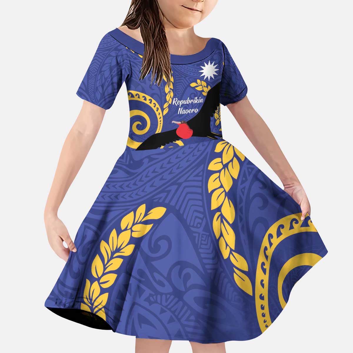Nauru Angam Day Kid Short Sleeve Dress Naoero Frigate Bird Polynesian Pattern LT14 KID Blue - Polynesian Pride