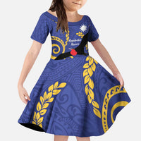 Nauru Angam Day Kid Short Sleeve Dress Naoero Frigate Bird Polynesian Pattern LT14 KID Blue - Polynesian Pride