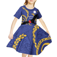 Nauru Angam Day Kid Short Sleeve Dress Naoero Frigate Bird Polynesian Pattern LT14 - Polynesian Pride