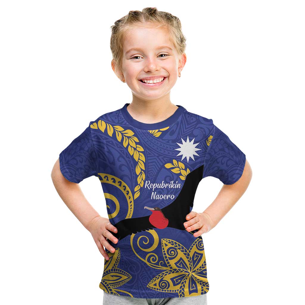 Nauru Angam Day Kid T Shirt Naoero Frigate Bird Polynesian Pattern LT14 Blue - Polynesian Pride