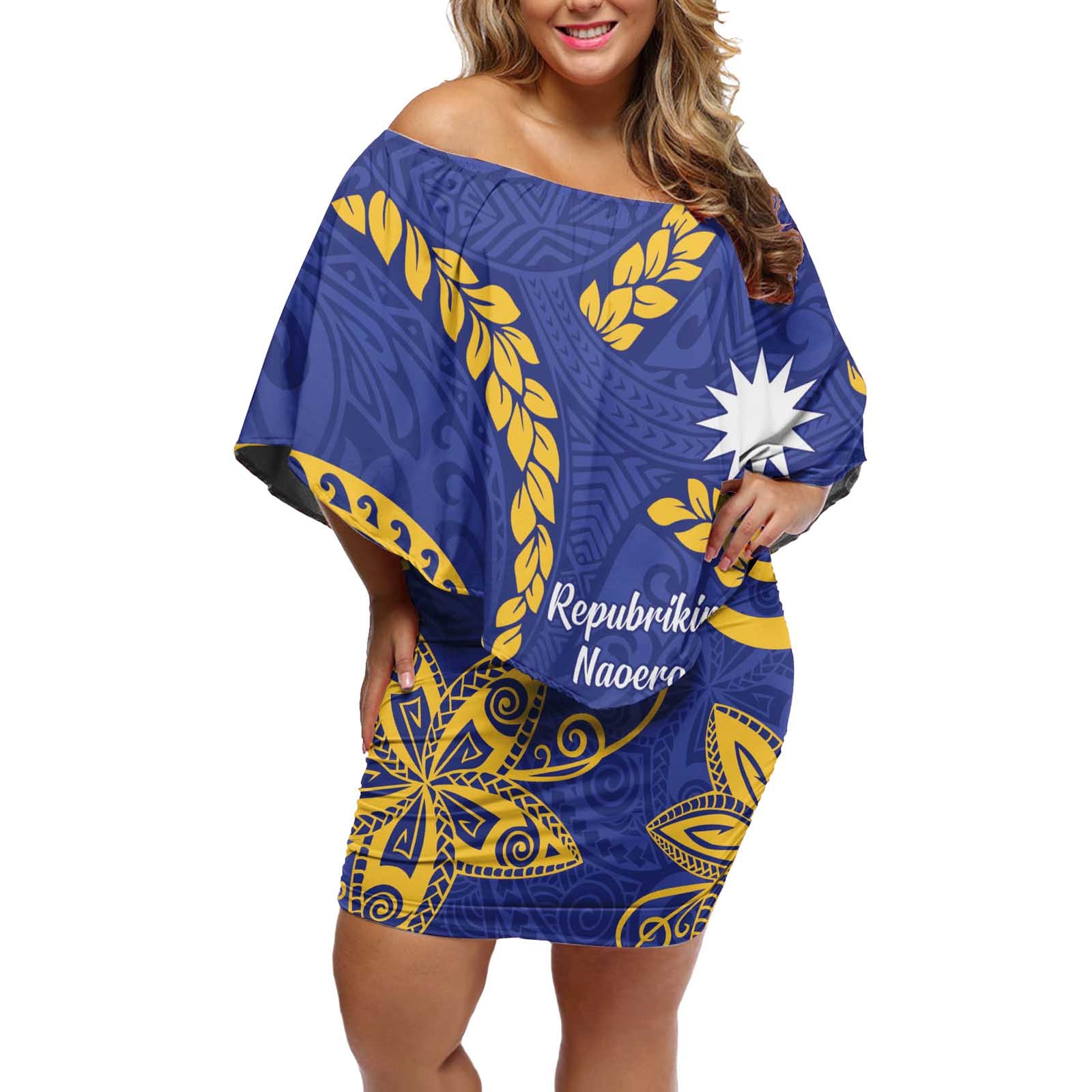 Nauru Angam Day Off Shoulder Short Dress Naoero Frigate Bird Polynesian Pattern LT14 Women Blue - Polynesian Pride