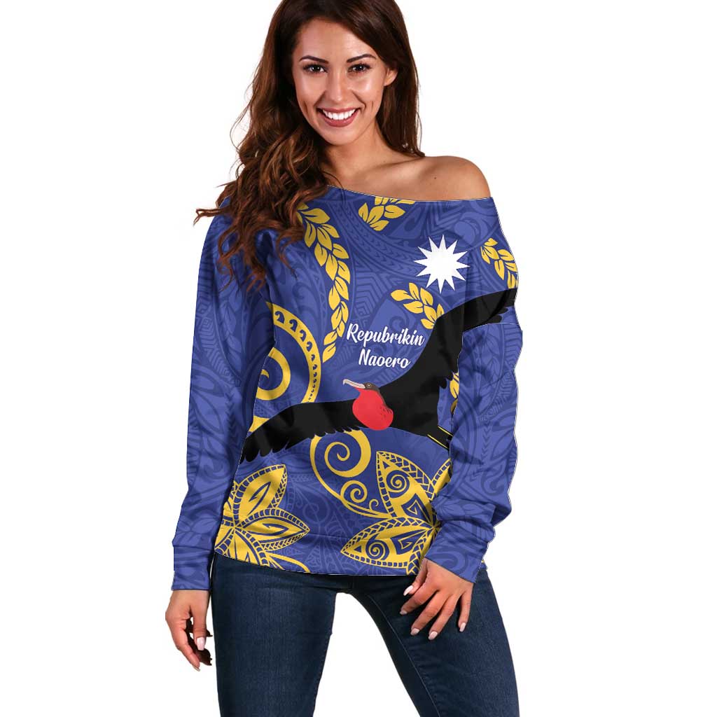 Nauru Angam Day Off Shoulder Sweater Naoero Frigate Bird Polynesian Pattern LT14 Women Blue - Polynesian Pride