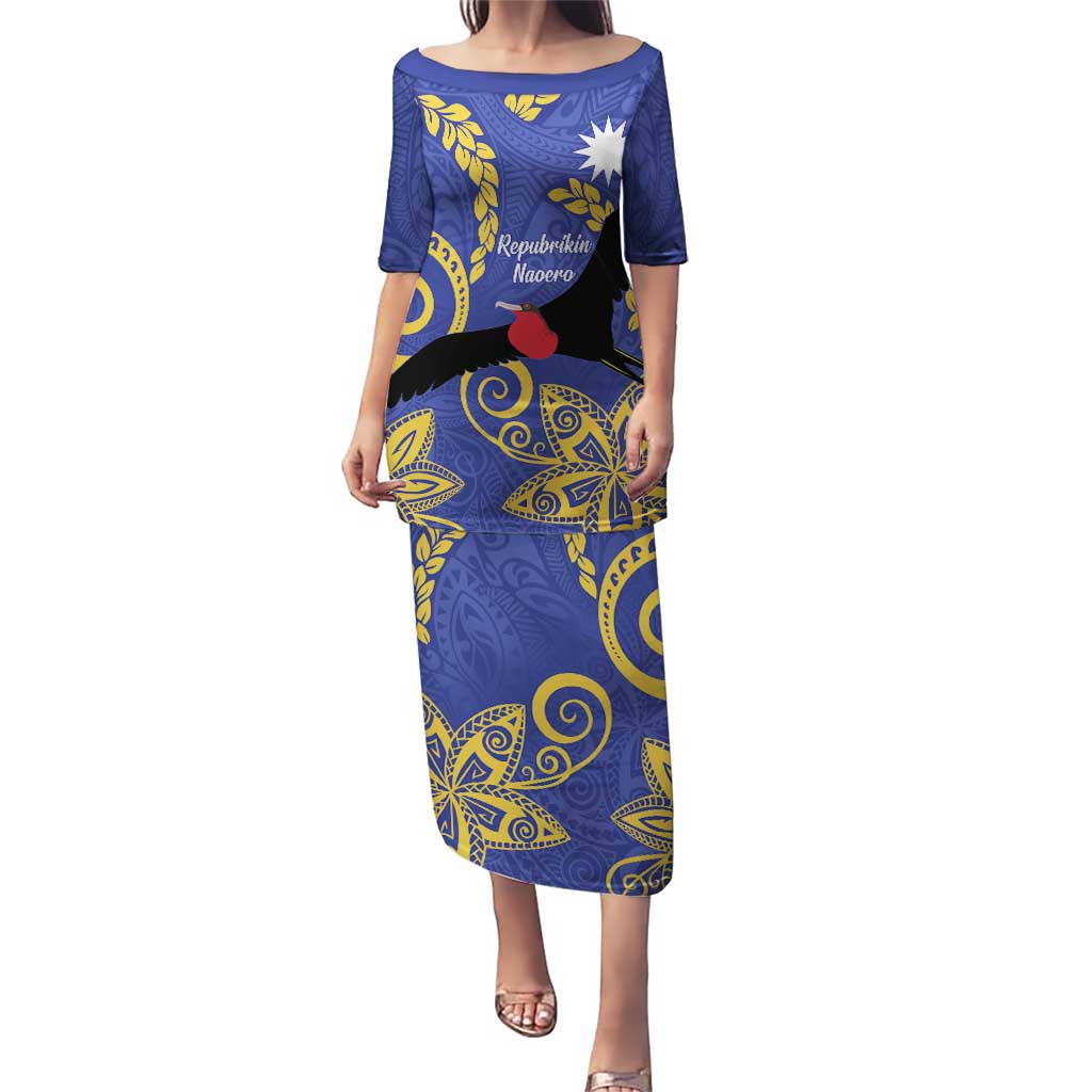 Nauru Angam Day Puletasi Naoero Frigate Bird Polynesian Pattern LT14 Long Dress Blue - Polynesian Pride